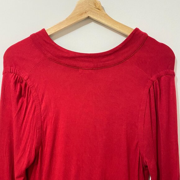 Y2K Red Longsleeve T-Shirt with Plunging V-Neck, Ruching, Gathered, Stretch Euro - Picture 9 of 10